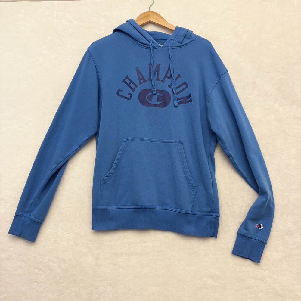 Champion Vintage Wash Varsity Men's Hoodie Script Logo Blue Size S
